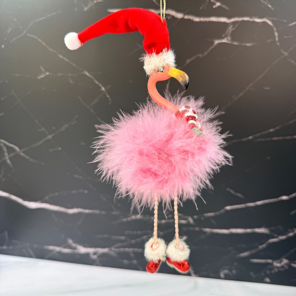 Pink Flamingo Christmas Ornament Santa Hat Red Glitter Boots Feathered Holiday